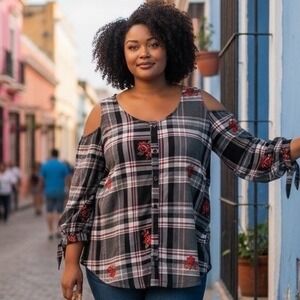 ✨French Laundry Women's Plaid Cold Shoulder Long Tunic Blouse, 3/4 Sleeve L #